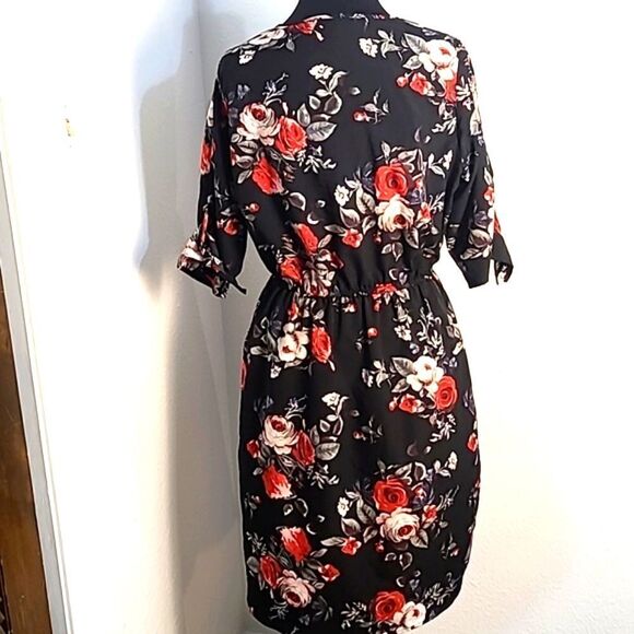 Stella Tweed Short Sleeve Black Dress Red/White Flowers Zipper Neckline,Size 1X - Picture 9 of 12